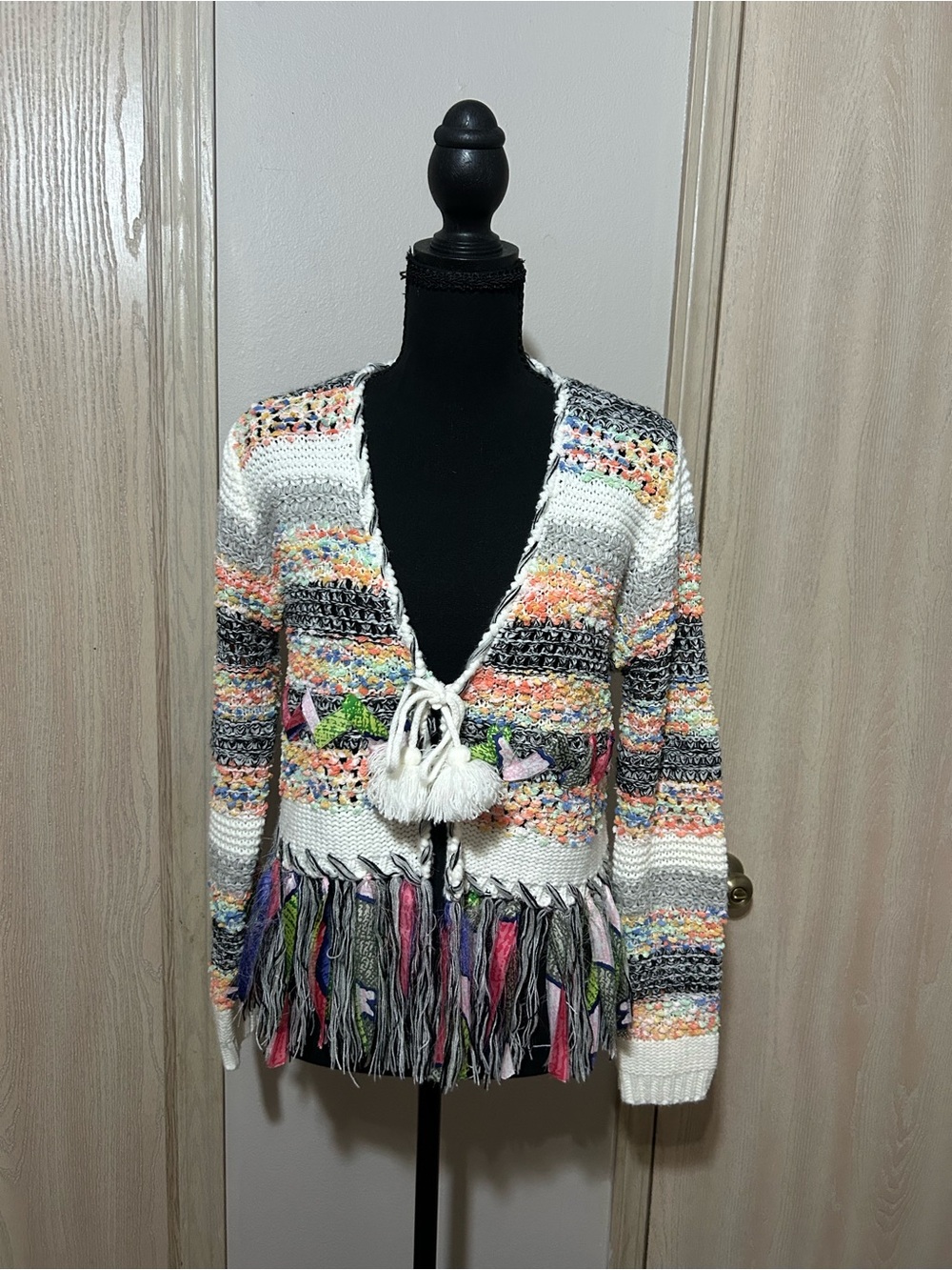 Fringed Multi-Color Knit Cardigan Sweater - White Multi